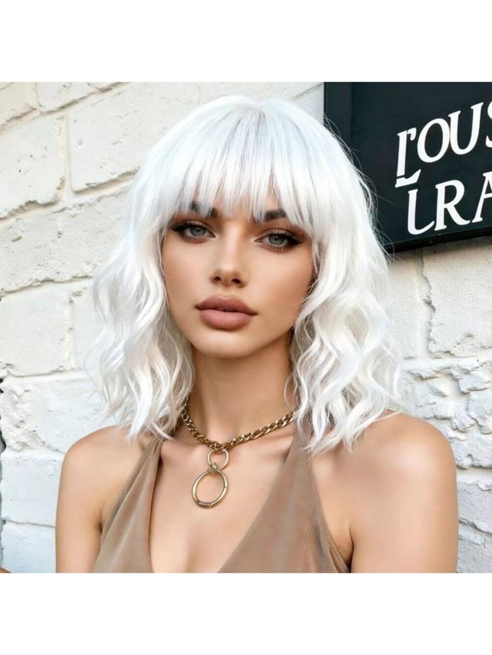 Women's White Short Adjustable Wavy Bob Wig with Bangs Cosplay and Party